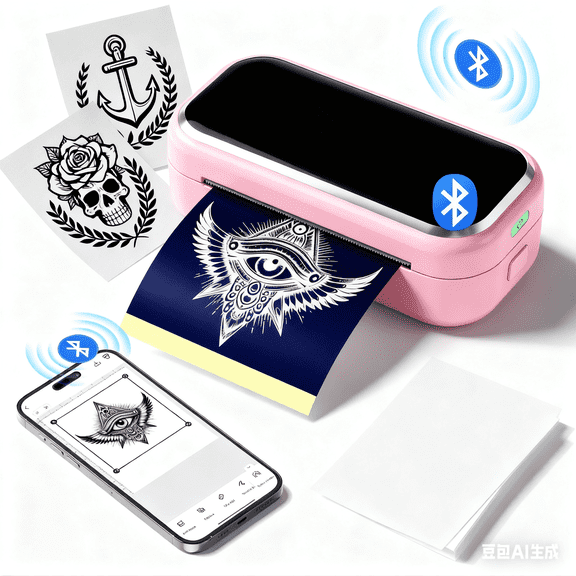 TP31 Tattoo Stencil Printer - Mini Bluetooth Stencil Printer with 30pcs Transfer Paper, Wireless Tattoo Machine Printer for Beginners & Artists, Works with Smartphone Tablet PC, Pink