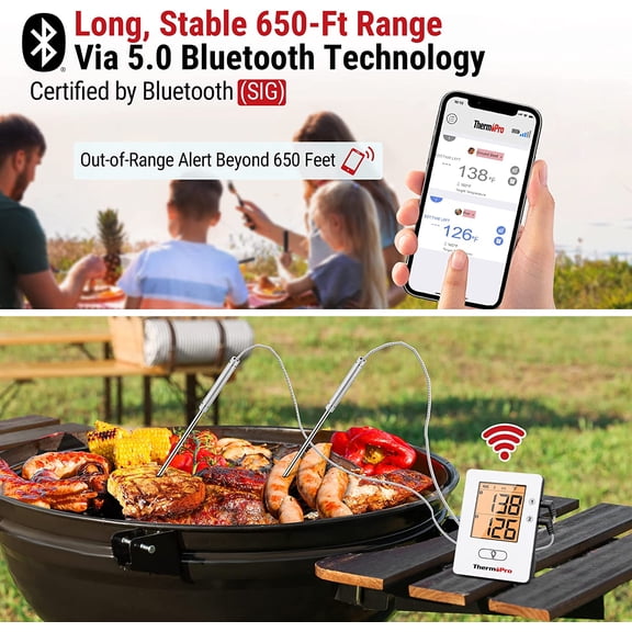 TP910 650FT Bluetooth Meat Thermometer for Smokers, Rechargeable Wireless Meat Thermometer for Grilling with 2 Probes, Grill BBQ Thermometer with Smart Timer, Alarm, Cook Time Estimator