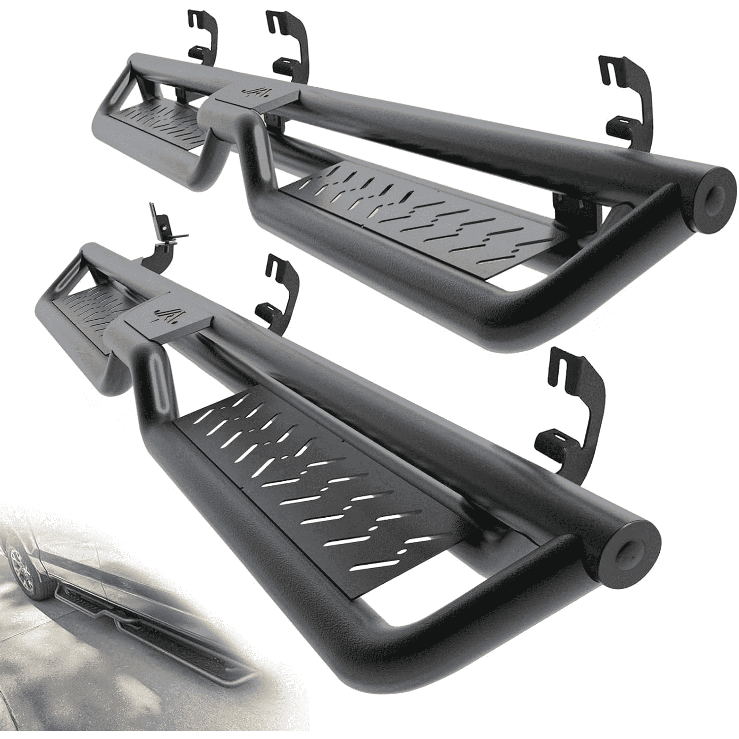 TPA Running Boards 6" Compatible with 2007-2018 Chevy Silverado GMC Sierra 1500 | 2007-2019 2500HD 3500HD Crew Cab Black Two-Stair Design Side Steps Steel Rails Nerf Bars