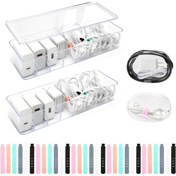 TPBSITNS 2 Pack 8 Grids Cable Organizer Box with Lid, Plastic Cable Cord Storage Organizer with 30 Ties 2 Wire Organizer Bag, Acrylic Drawer Organizer, Stackable Charger Bins for Desk Drawer