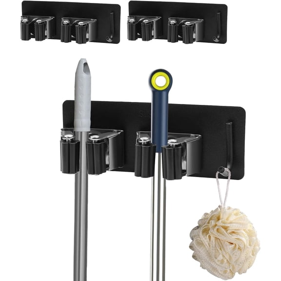3Pack Broom & Mop Holder Wall Mount Organizer,  TPBSITNS Mop Hanging Command Utility Tool for Garage,  Kitchen, Laundry Room (6 Racks & 3 Hooks, Black)