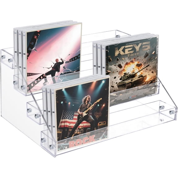 TPBSITNS 4Tier Clear Acrylic CD Holder Cascading CD Storage Rack, DVD Display Shelf Record DVD Stand Holds up to 32 Standard DVD Cases for Media Shelf Storage and Organization
