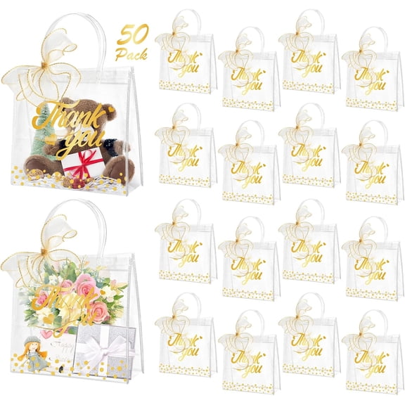 TPBSITNS 50 Pcs Clear Plastic Gift Bags with Handles, Transparent Small Thank You Goodie Bags with Ribbons, 6.3" x 5.9" x 2.8" Reusable Tote Bag for Party Favors Wedding Birthday