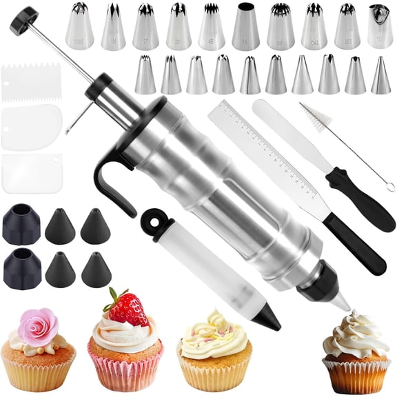 TPBSITNS Dessert Decorating Syringe Set, 34Pcs Frosting Piping Kit, Stainless Steels Cake Decorating Tools with Icing Gun, Piping Tips, Scrapers, Spatula, Cake Pen for Baking, Cookies, Pastries