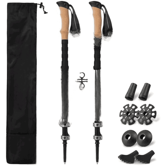 TPC-3K 100% Carbon Fiber Trekking Poles for Hiking - Ultralight Collapsible Hiking Poles with Cork & EVA Foam Grips, Adjustable Metal Flip Locks, Tungsten Tips - Ideal Hiking
