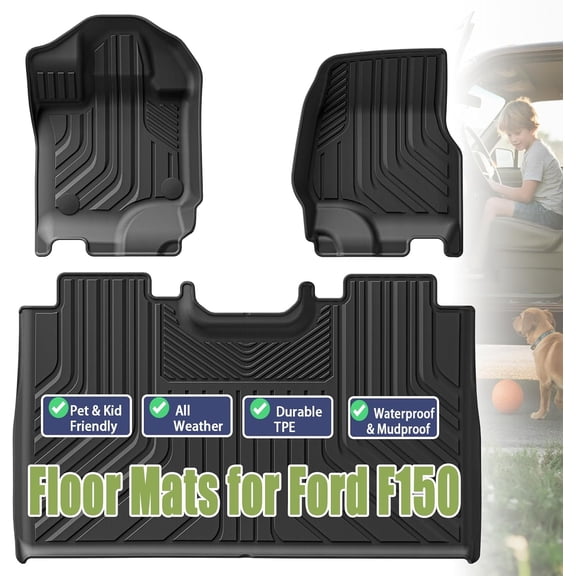 TPE Floor Mats for F-150 2015-2025 & F150 2022-2025 SuperCrew (Rear w/o Fold Flat Storage), Custom Fit Carpet Floor Weather Mats - Front and Rear Row, 3 count