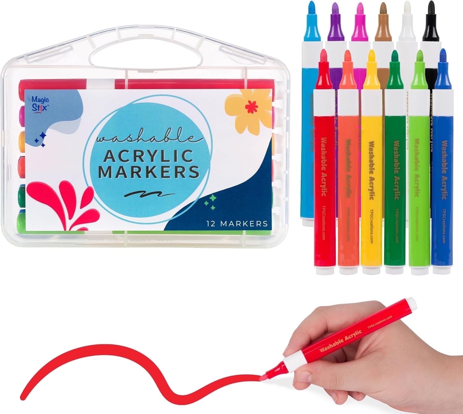 Magic Stix Washable Acrylic Markers for All Ages, 12 Non-Toxic Colors, Allergen-Free, Vibrant Paint Pens for Crafting and DIY