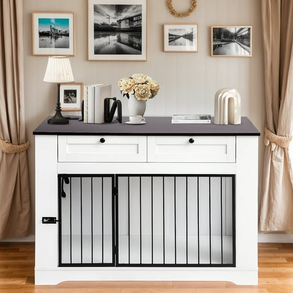 TPHORK 47” L Large Dog Crate Furniture-Decorative Heavy Duty Dog Cage Indoor, Wooden Dogs Cage End Table with Charging Station, Dogs House with 2 Drawers(White)