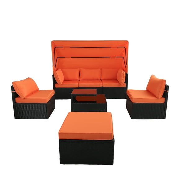 TPHORK 8 Pieces Patio Furniture Sets, Rattan Daybed with Retractable Canopy, Outdoor Sectional Sofa Set, Wicker Sectional Daybed for Garden Poolside Backyard (Orange)