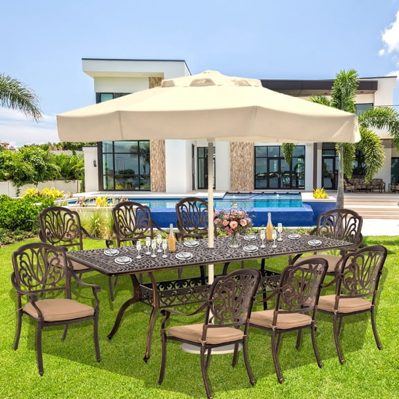TPHORK 9 Piece Outdoor Patio Dining Set,Cast Aluminum Patio Furniture Set for Backyard Garden Deck Poolside,86.6" Rectangular Table and Cushioned Stackable Chairs for 8 Persons