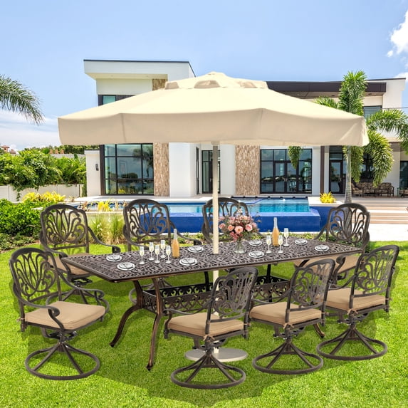 TPHORK 9 Piece Outdoor Patio Dining Set,Cast Aluminum Patio Furniture Set for Backyard Garden Deck Poolside,86.6" Rectangular Table and Cushioned Swivel Chairs for 8 Persons
