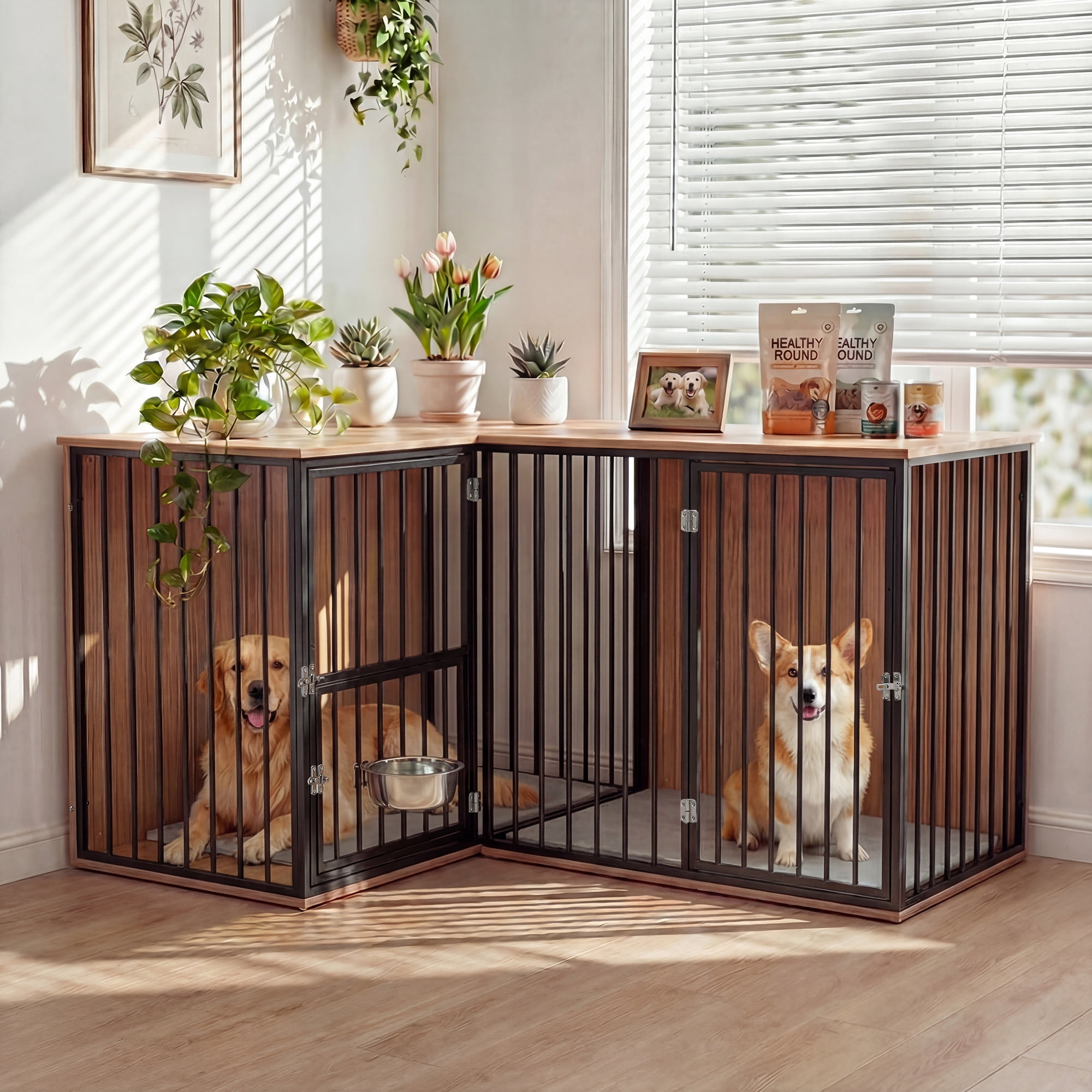 TPHORK Dog Crate Furniture for 2 Dogs, Corner Heavy Duty Double Dog Kennel Furniture with Divider, Indoor Wooden Dogs Crate Large Breed, Black