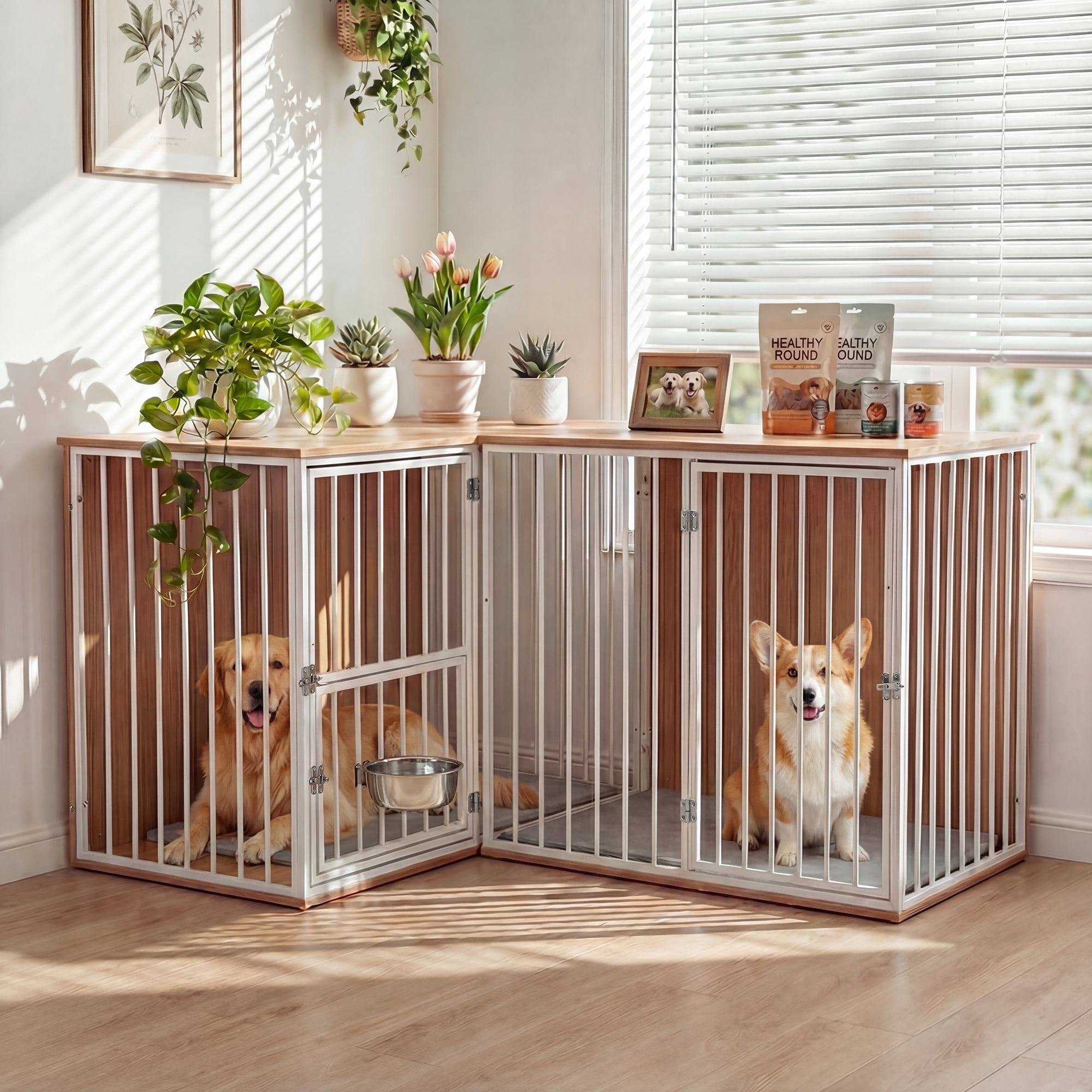 TPHORK Dog Crate Furniture for 2 Dogs, Corner Heavy Duty Double Dog Kennel Furniture with Divider, Indoor Wooden Dogs Crate Large Breed, White