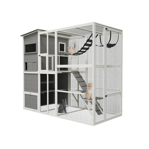 TPHORK Large Catio Outdoor Cat Enclosure, Wooden Cat Cage Indoor Cat House Playpen for Multiple Cats with Waterproof Roof,Platforms, Resting Box, Bridges, Hammock, Ladder,76"L x 36"W x 69"H(White)