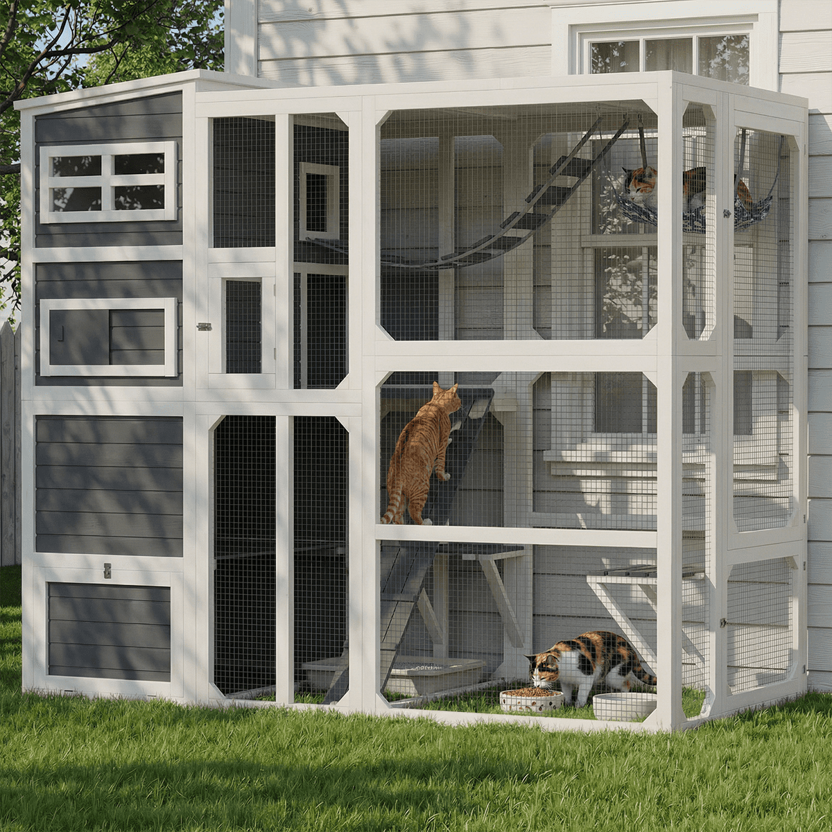 TPHORK Large Catio Outdoor Cat Enclosure, Wooden Cat Cage Indoor Cat House Playpen for Multiple Cats with Waterproof Roof,Platforms, Resting Box, Bridges, Hammock, Ladder,76"L x 36"W x 69"H(White)