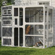 TPHORK Large Catio Outdoor Cat Enclosure, Wooden Cat Cage Indoor Cat House Playpen for Multiple Cats with Waterproof Roof,Platforms, Resting Box, Bridges, Hammock, Ladder,76"L x 36"W x 69"HWhite