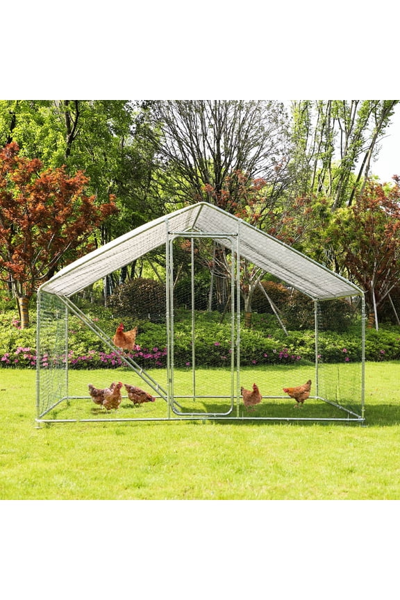 Large Metal Chicken Coop,Outdoor Walk in Poultry Habitat Supplies Chicken Cage with Cover, Chicken Run for Backyard Farm(6.6' L x 9.8' W x 7' H)