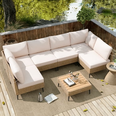TPHORK Outdoor Patio Furniture Set, 7 Piece Outdoor Sectional Sofa Wicker Patio Conversation Couch Set, All Weather PE Rattan Sofa with Table and Cushions for Garden, Poolside, Backyard(Beige)