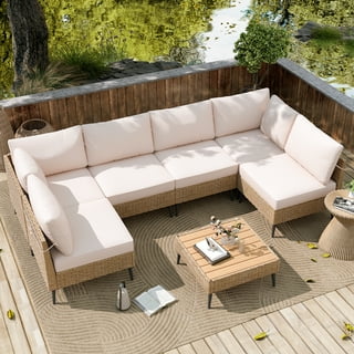 TPHORK Outdoor Patio Furniture Set, 7 Piece Outdoor Sectional Sofa Wicker Patio Conversation Couch Set, All Weather PE Rattan Sofa with Table and Cushions for Garden, Poolside, Backyard(Beige)
