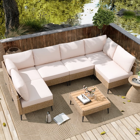 TPHORK Outdoor Patio Furniture Set, 7 Piece Outdoor Sectional Sofa Wicker Patio Conversation Couch Set, All Weather PE Rattan Sofa with Table and Cushions for Garden, Poolside, Backyard(Beige)