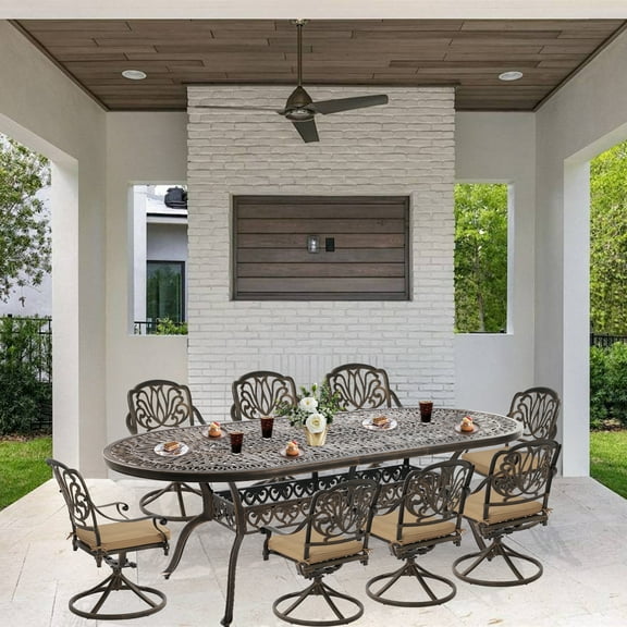 TPHORK Patio Dining Set,9 Piece Outdoor Furniture Set,8 Person Outside Dining Table and Chairs Set,Metal Swivel Chairs of 8,Oval Table with 1.96" Umbrella Hole