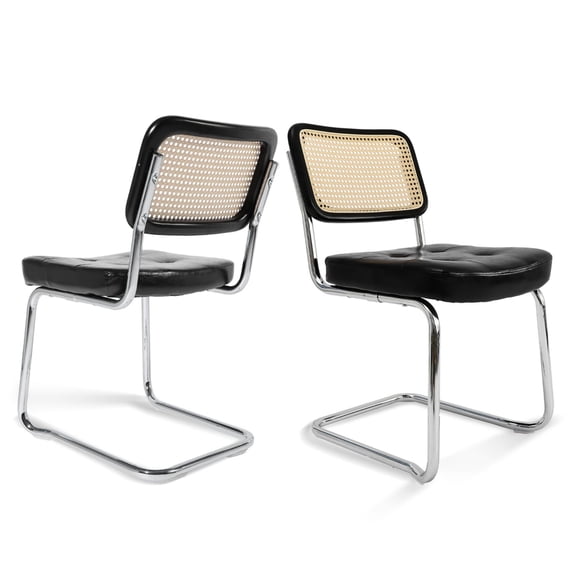 TPHORK Rattan Dining Chair Set of 2,Modern Accent Chair,2 PCS Leather Upholstered Armless Mesh Back Cane Chairs with Metal Chrome Base for Home,Kitchen,Dining Room,Waiting Room,Black