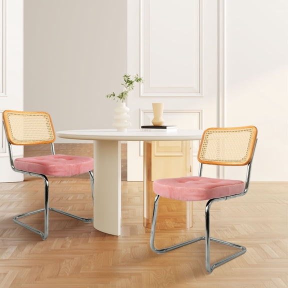 TPHORK Rattan Dining Chair Set of 2,Modern Accent Chair,2 PCS Velvet Upholstered Armless Mesh Back Cane Chairs with Metal Chrome Base for Home,Kitchen,Dining Room,Waiting Room,Pink
