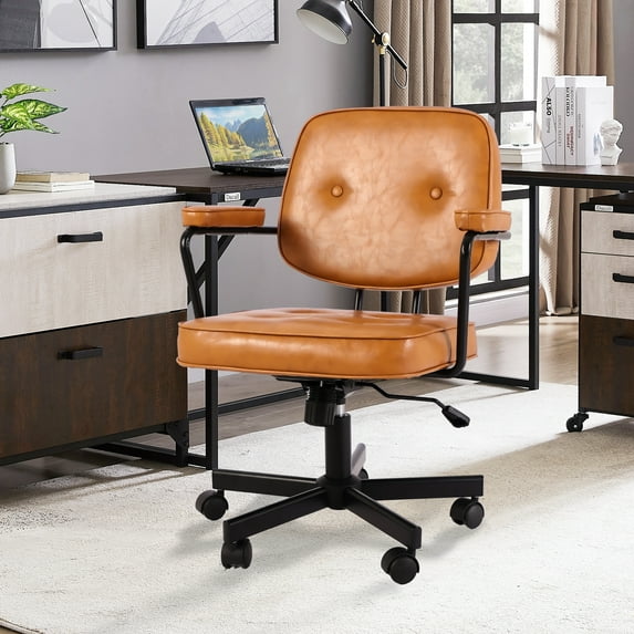 TPHORK Retro PU Leather Office Chair,Mid Back Swivel Task Chair with Wheels and Arms,Height and Backrest Adjustable Home Office Desk Computer Chair,Green2