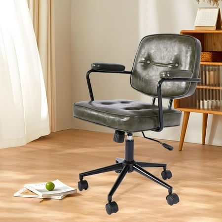 TPHORK Retro PU Leather Office Chair,Mid Back Swivel Task Chair with Wheels and Arms,Height and Backrest Adjustable Home Office Desk Computer Chair,Green