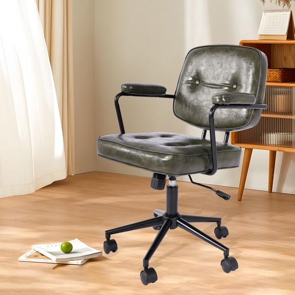 TPHORK Retro PU Leather Office Chair,Mid Back Swivel Task Chair with Wheels and Arms,Height and Backrest Adjustable Home Office Desk Computer Chair,Green