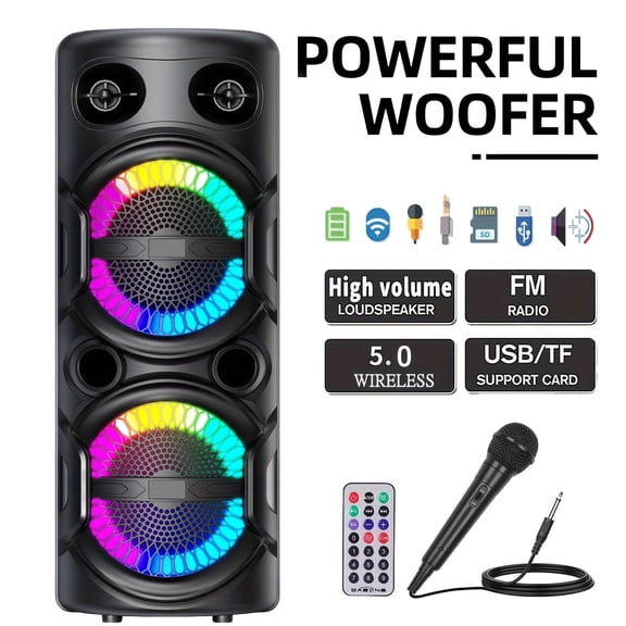 TPJKAM 3000W Portable Bluetooth Speaker w/ Dual 6.5" Subwoofers, Heavy Bass, LED Lights, FM Radio for Home & Party