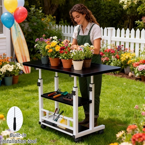 TPJKAM Heavy-Duty Adjustable Height Workbench w/Wheels, Metal Frame Work Table for Garden, Patio, Office & Indoor Use
