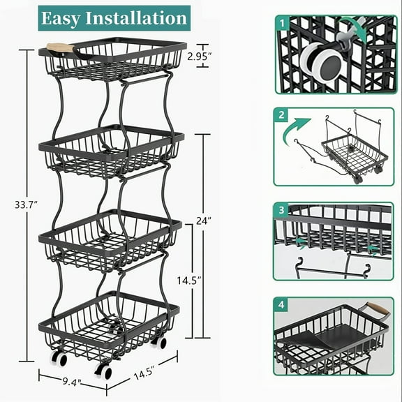 TPKJAM 4/5-Tier Rotating Fruit Vegetable Storage Cart with Wheels, Stackable Metal Rack for Kitchen, Pantry, Bathroom, Corner