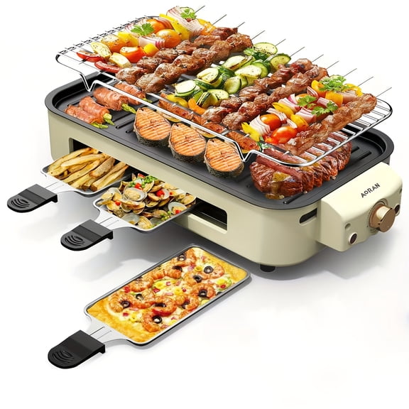 TPKJAM 5-in-1 Electric BBQ Grill: 1500W, Detachable Non-Stick Frying Pan, Grille, 3 Raclette Trays & Waffle Maker. Adjustable Temp, Easy Clean.