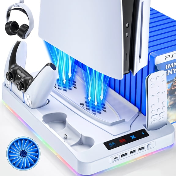 TPKJAM PS5/Slim Cooling Station with LED, Dual Controller Charger, Headset/Remote Holders, 16 Game Slots