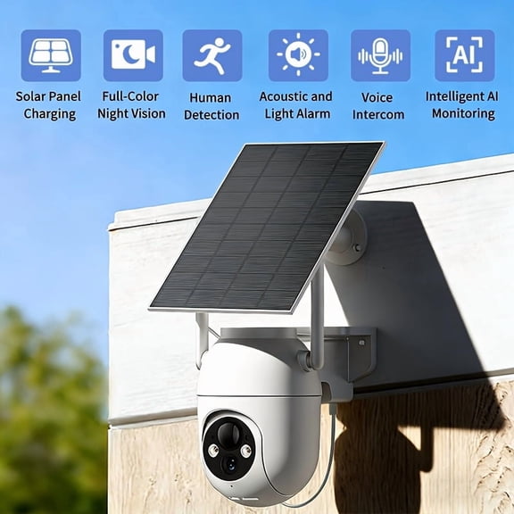 TPKJAM Solar Outdoor Security Camera 1080P WiFi, 355 Pan-Tilt, Color Night Vision, 2-Way Audio, IP66 for Home/Farm