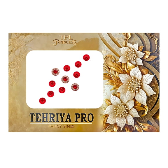 TPL Princess Tehriya Pro Fancy Sindi Bindi Stickers, Red Rhinestone Designer Bindis for Weddings, Festivals, Traditional Wear