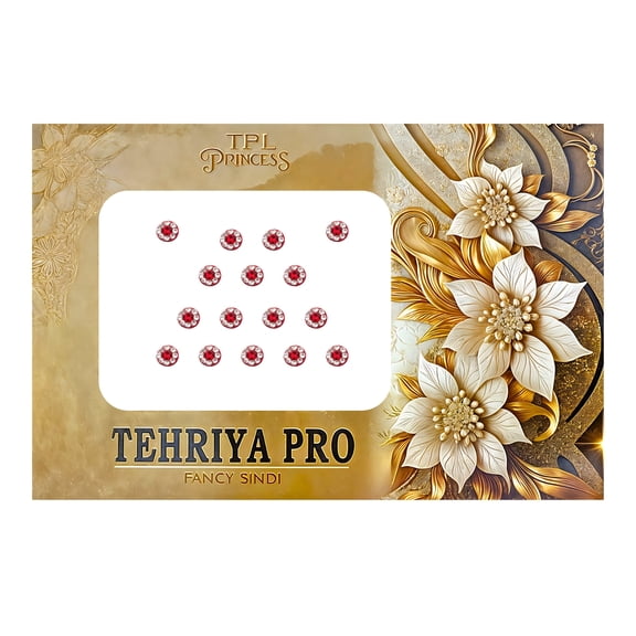 TPL Princess Tehriya Pro Fancy Sindi Red Round Bindi Stickers with Rhinestone Border for Weddings, Festivals and Parties