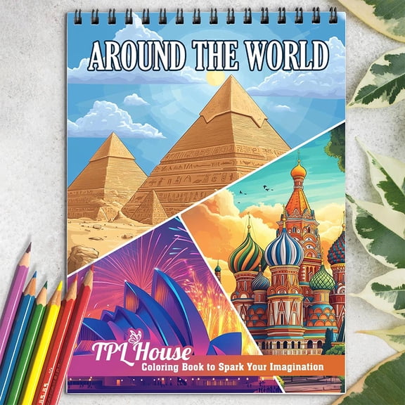 TPLHOUSE Around The World Coloring Book for Adults, Spiral Bound, Soft Cover