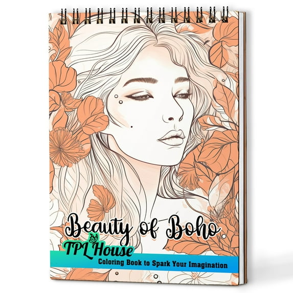 TPLHOUSE Beauty of Boho Coloring Book Spiral Bound for Women Adults, A5 Wooden Cover, 30 Amazing Bohomian Woman Coloring Pages for Stress Relief and Relaxation