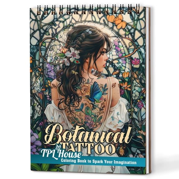 TPLHOUSE Botanical Tattoo Coloring Book Spiral Bound for Adults, A5 Wooden Cover, 30 Floral Tattoo Designs Coloring Pages Inspired Botanical Patterns for Stress Relief and Relaxation