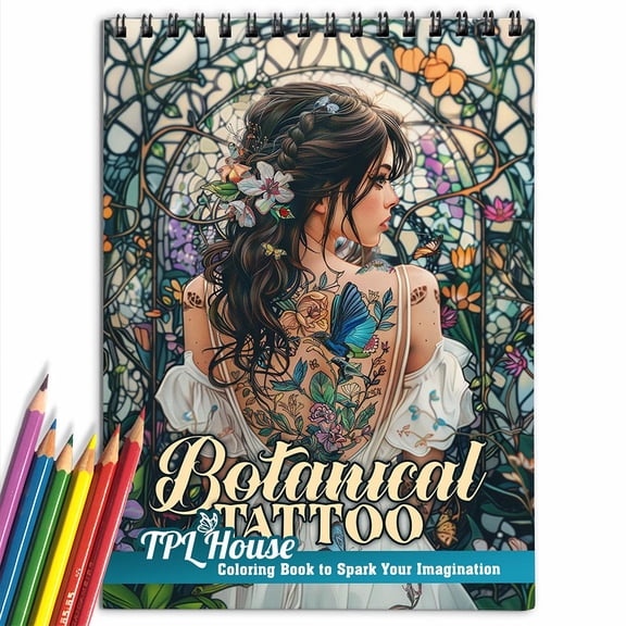 TPLHOUSE Botanical Tattoo Coloring Book for Adults, Spiral Bound, Soft Cover