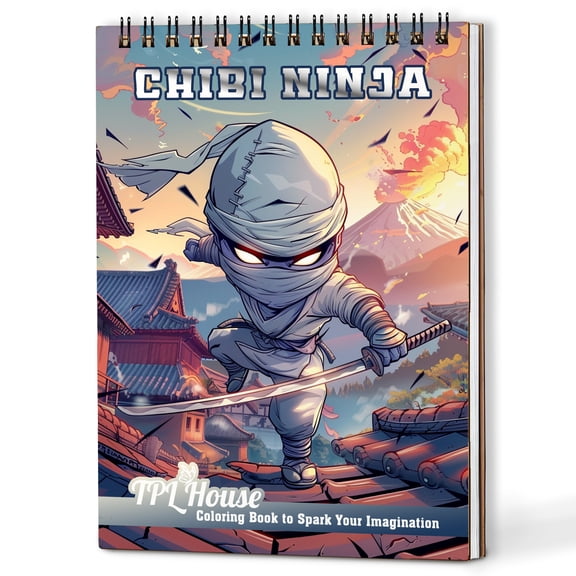 TPLHOUSE Chibi Ninja Coloring Book Spiral Bound for All Ages, A5 Wooden Cover, 30 Cute Large Ninjas Coloring Pages of Tiny Adventure for Stress Relief and Relaxation