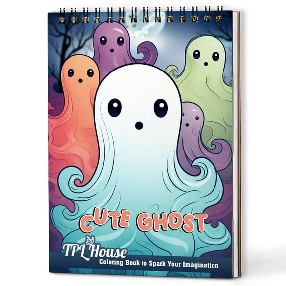 TPLHOUSE Cute Ghost Coloring Book Spiral Bound for Adults Women Seniors Girls, A5 Wooden Cover, 30 Cute Ghosts Coloring Pages in Playful and Magical for Stress Relief and Relaxation