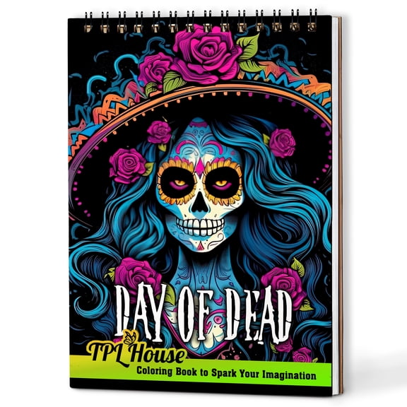 TPLHOUSE Day Of Dead Coloring Book Spiral Bound for Adults, A5 Wooden Cover, 30 Mesmerizing Sugar Skull Coloring Pages of Intricate Patterns for Stress Relief and Relaxation