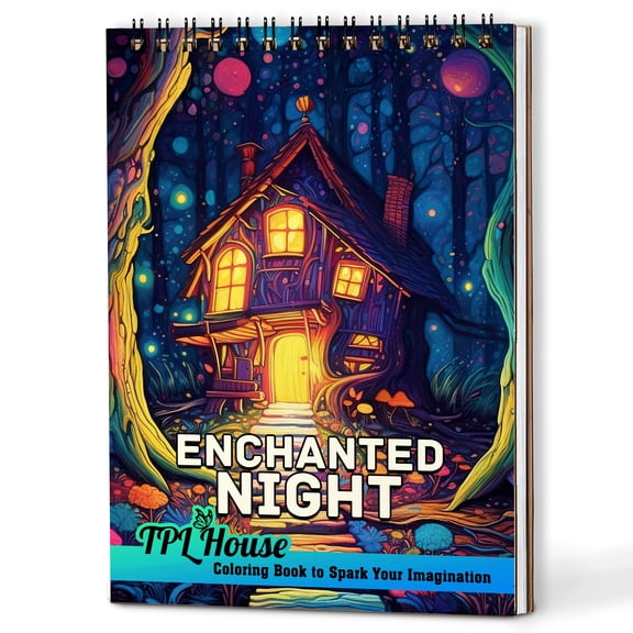 TPLHOUSE Enchanted Night Coloring Book Spiral Bound for Adults, A5 Wooden Cover, 30 Mysterious Coloring Pages of Beauty Under Starry Skies for Stress Relief and Relaxation