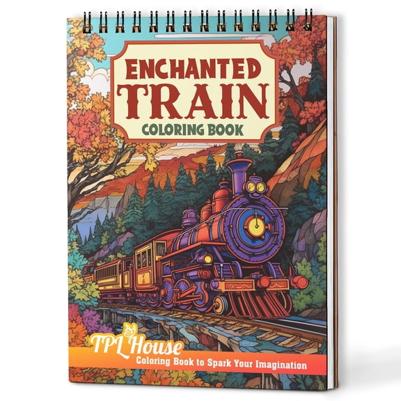 TPLHOUSE Enchanted Train Coloring Book Spiral Bound for Adults, A5 Wooden Cover, Train Lovers, 30 Magical Coloring Pages of Railroad Journey for Stress Relief and Relaxation