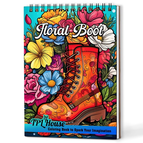 TPLHOUSE Floral Boot Coloring Book Spiral Bound for Adults, A5 Wooden Cover, 30 Stunning Coloring Pages of Blossom Rain Boots into Garden for Stress Relief and Relaxation