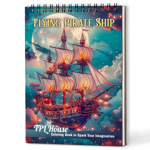 TPLHOUSE Flying Pirate Ship Coloring Book Spiral Bound for Adults, A5 Wooden Cover, 30 Adventurous Coloring Pages of Mysterious Voyage Tales for Stress Relief and Relaxation