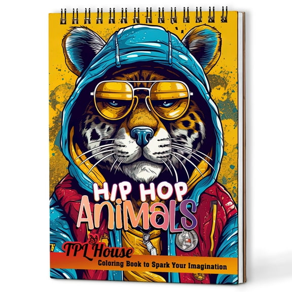TPLHOUSE Hip Hop Animals Coloring Book Spiral Bound for Adults, A5 Wooden Cover, 30 Hip Hop Inspired Coloring Pages of Underground Style for Stress Relief and Relaxation